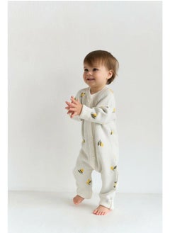 Generic Cotton Knit Baby Romper 62–68 cm | Soft Year-Round Unisex Newborn Jumpsuit with Long Sleeves & Adjustable Cuffs – Lemons on Ecru  - Image 2