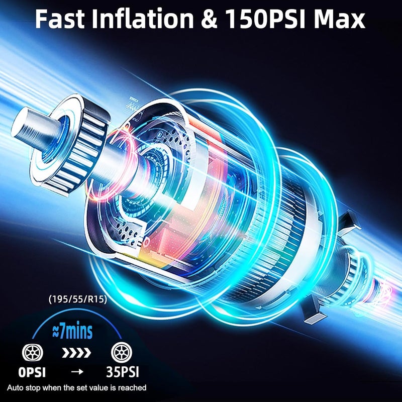 WOVTE Portable Tyre Inflator Air Compressor - 150PSI USB Rechargeable Pump with Digital Display and LED Light - Image 2