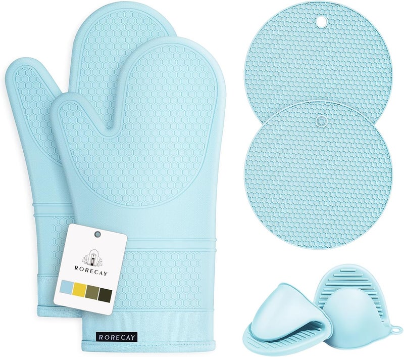 Rorecay 6pcs Oven Mitts and Pot Holders Sets, Extra Long Silicone Oven Gloves Heat Resistant 500 Degrees Non-Slip Potholders Hot Pads for Kitchen Baking Cooking, Quilted Liner, Winter Sky - Image 1