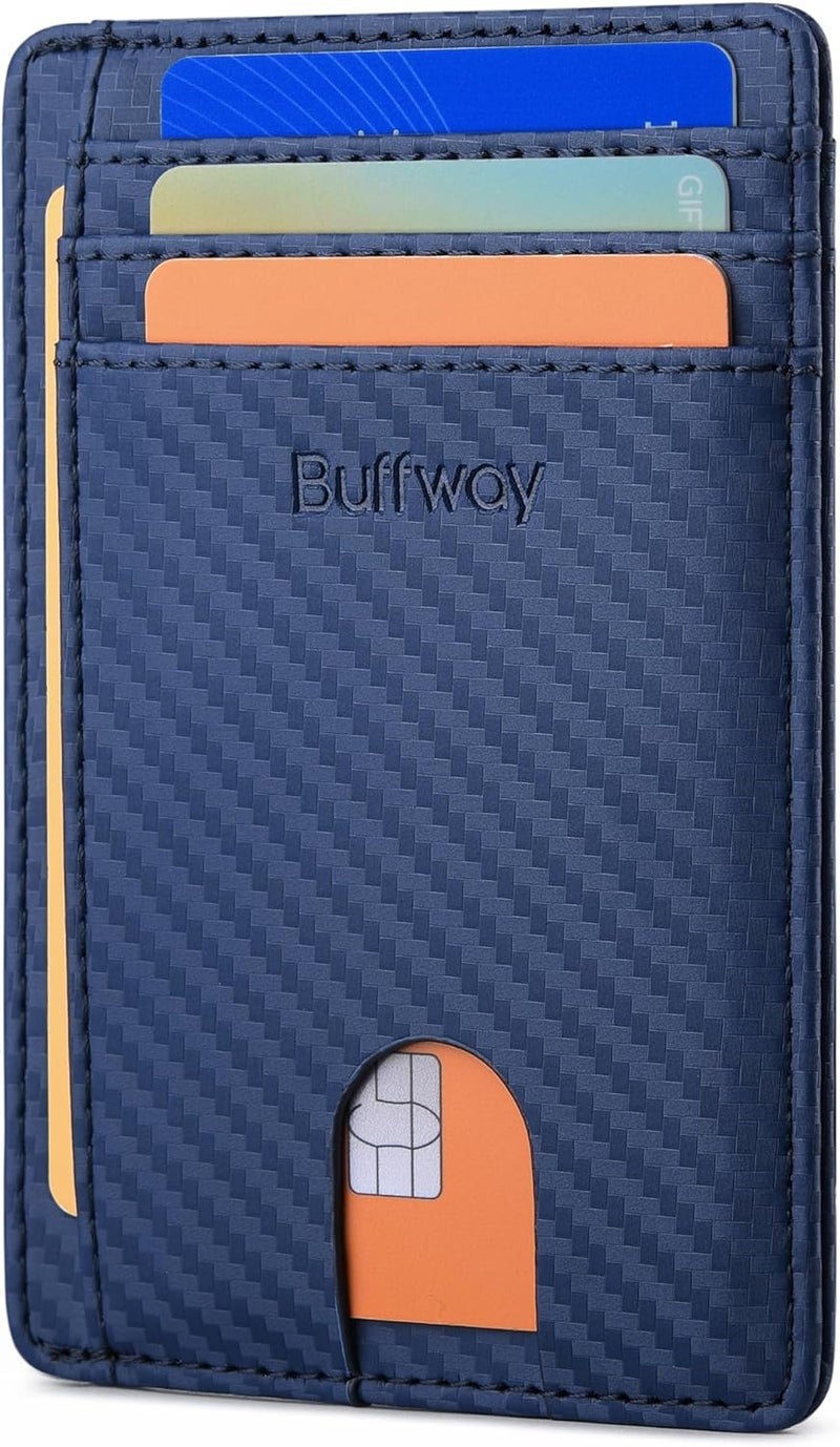 Buffway Slim Minimalist Front Pocket RFID Blocking Leather Wallets for Men and Women - Carbon Fiber Blue - Image 1