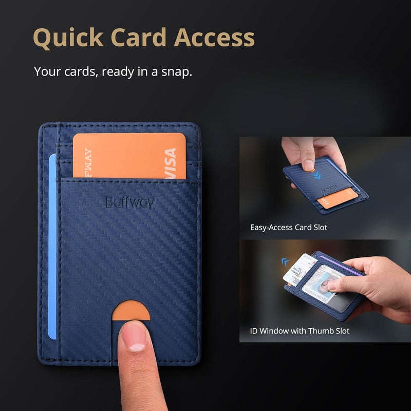 Buffway Slim Minimalist Front Pocket RFID Blocking Leather Wallets for Men and Women - Carbon Fiber Blue - Image 3