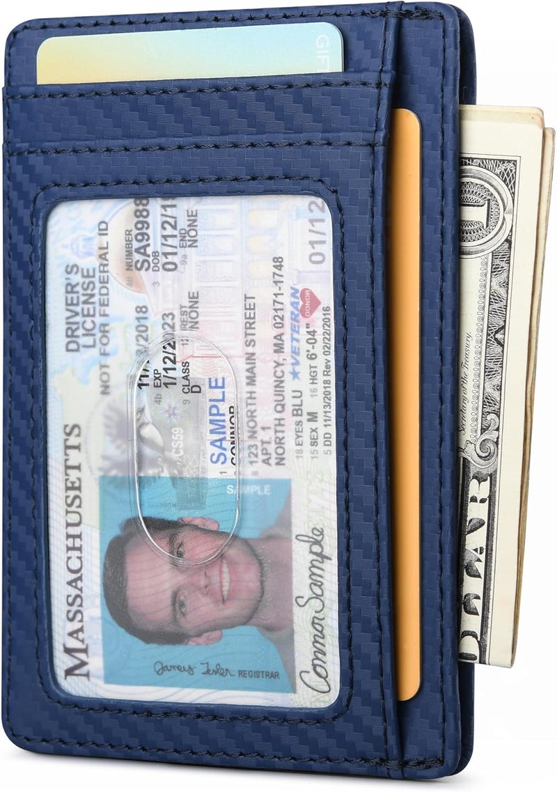 Buffway Slim Minimalist Front Pocket RFID Blocking Leather Wallets for Men and Women - Carbon Fiber Blue - Image 2
