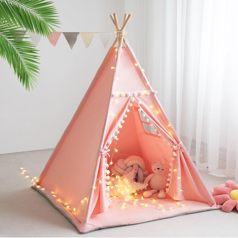 RONGFA Teepee Tent for Kids with Mat Star Lights Carry Case Cotton Canvas Playhouse Foldable Tents Portable Children Play Tent Indoor Outdoor Pink - Image 4
