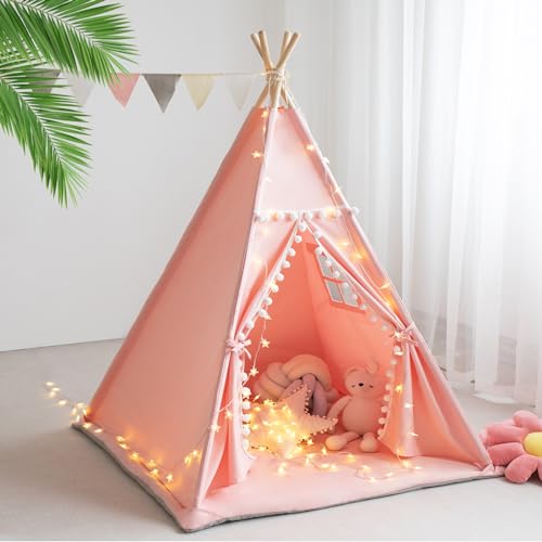 RONGFA Teepee Tent for Kids with Mat Star Lights Carry Case Cotton Canvas Playhouse Foldable Tents Portable Children Play Tent Indoor Outdoor Pink - Image 1