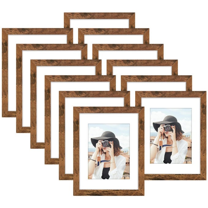 85X11 PICTURE FRAME SET OF 12 DISPLAY 6X8 WITH MAT OR 85 X 11 WITHOUT MAT PHOTO FRAMES FOR WALL MOUNTING OR TABLE TOP DISPLAY BROWN