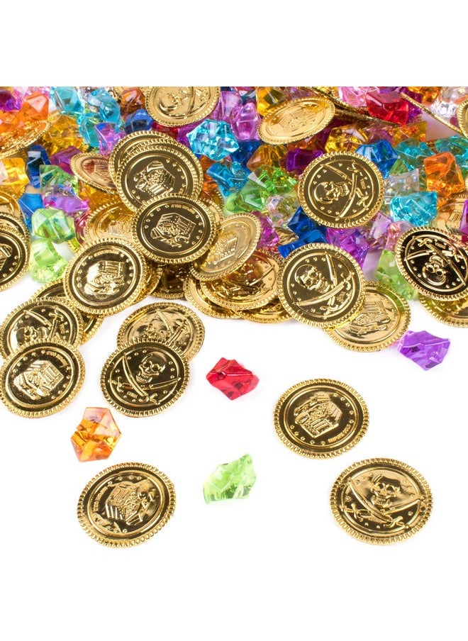 Super Z Outlet Pirate Plastic Gold Colored Coins Buried Treasure And Pirate Gems Jewelry Playset Activity Game Piece Pack Party Favor Decorations (120 Coins + 120 Gems)  - Image 1
