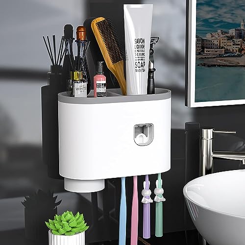 Brandshoppy Plastic Toothbrush Holder With Automatic Toothpaste Dispenser, Multi Space Saving Toothbrush Organizer With 2 Cups,4 Brush Slots No Drill Need (2 Cup) - Image 1