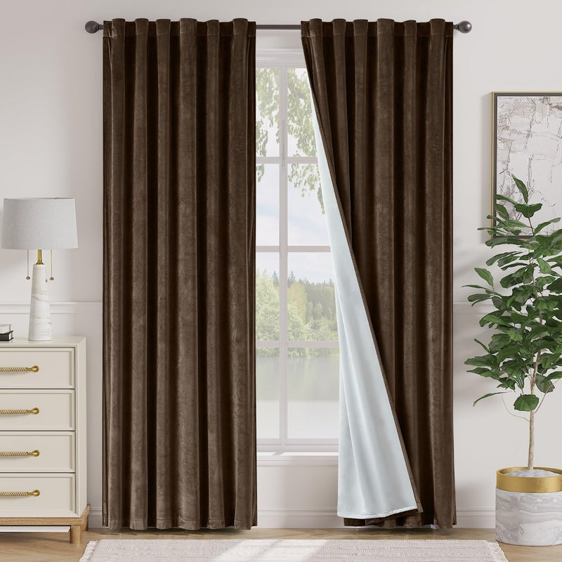 Lazzzy Dark Brown Velvet Blackout Curtains 90 Inches Long Thermal Insulated Blackout Curtain Drapes Luxury Back Tab Window Treatments for Bedroom Living Room 2 Panels, 52 x 90 Inch, Truffle - Image 1