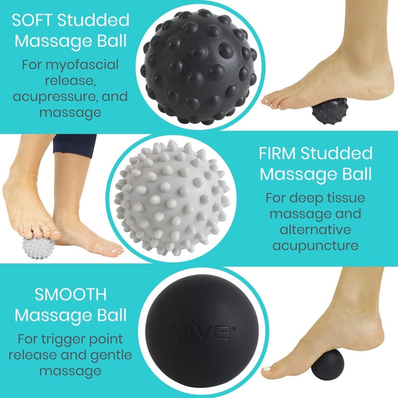 Vive Massage Ball Set (4 Piece) - Plantar Fasciitis Relief Foot Pain Hot Cold Therapy - Heel Spur, Sore Muscle, Trigger Point, Back, Arm, Neck, Shoulder, Leg Circulation Roller - Image 2
