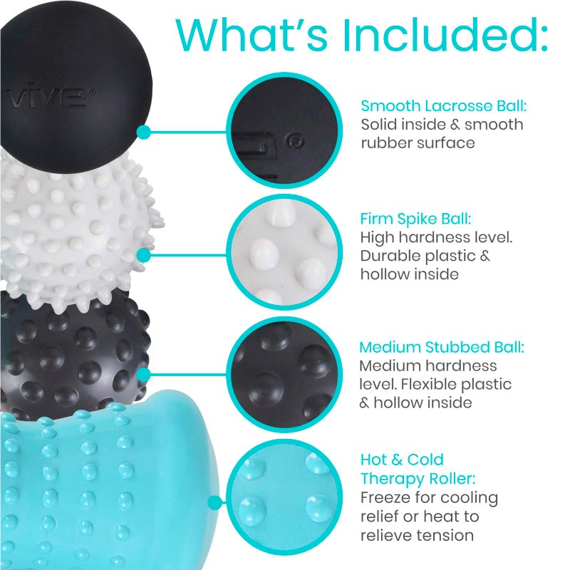 Vive Massage Ball Set (4 Piece) - Plantar Fasciitis Relief Foot Pain Hot Cold Therapy - Heel Spur, Sore Muscle, Trigger Point, Back, Arm, Neck, Shoulder, Leg Circulation Roller - Image 3