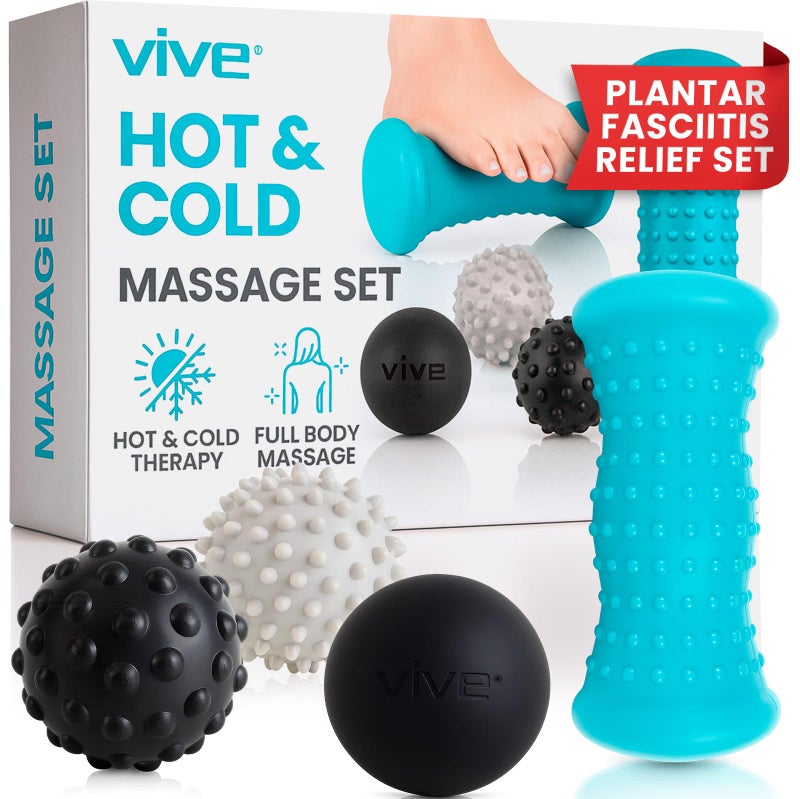 Vive Massage Ball Set (4 Piece) - Plantar Fasciitis Relief Foot Pain Hot Cold Therapy - Heel Spur, Sore Muscle, Trigger Point, Back, Arm, Neck, Shoulder, Leg Circulation Roller - Image 1