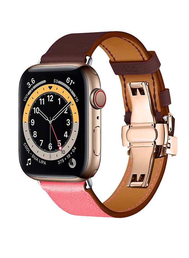 Perfii Genuine Leather Replacement Band with Golden Buckle for Apple Watch Series 6/SE/5/4/3/2/1 44/42mm Brown/Pink - Image 2