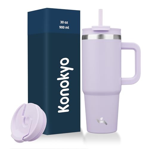 Konokyo 30 oz Tumbler with Handle and 2 Straws2 in 1 Lid Insulated Water Bottle Stainless Steel Travel Coffee MugWisteria