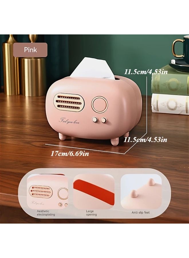 Pink Vintage Radio Design Tissue Box Holder Non Slip Feet ABS Material Decor - Image 1