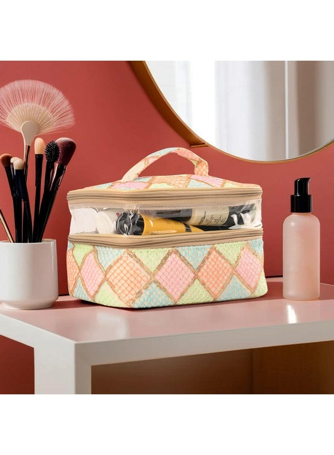 Kuber Industries Travel Storage Organizer | Dual Layer Cosmetic Bag With Handle | Visible Window Jewellery Kit | Toiletries Storage Bag | Travel Makeup Pouch | Check Tiklidesign | Cream - Image 1