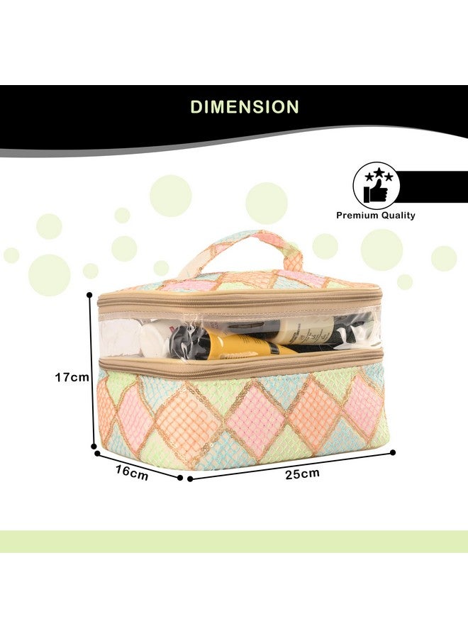 Kuber Industries Travel Storage Organizer | Dual Layer Cosmetic Bag With Handle | Visible Window Jewellery Kit | Toiletries Storage Bag | Travel Makeup Pouch | Check Tiklidesign | Cream - Image 3