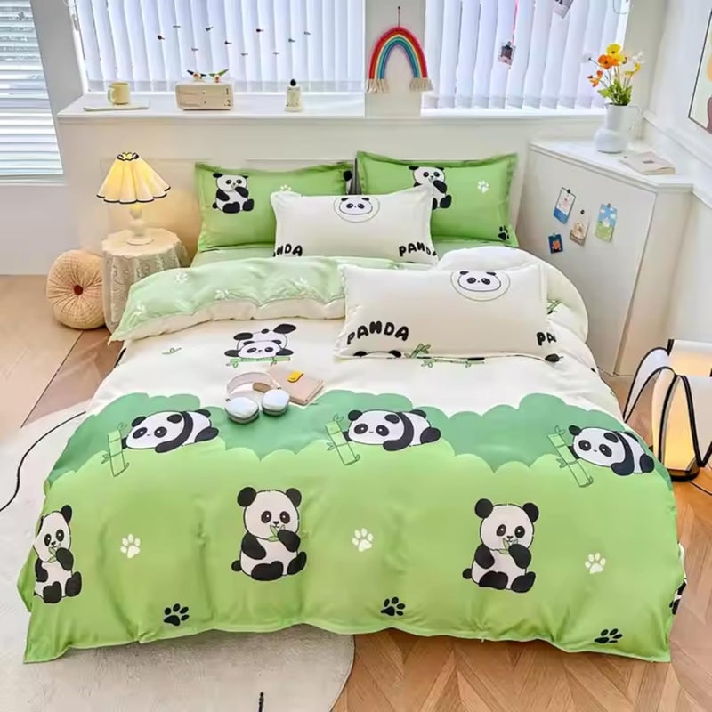Famyo 4pc Bedding Set Without Comforter Cute King Size 250 TC Fitted Bedsheet Pillow Covers Set of 2 ComforterDuvet Cover for Kids Bedroom Green Panda - Image 1