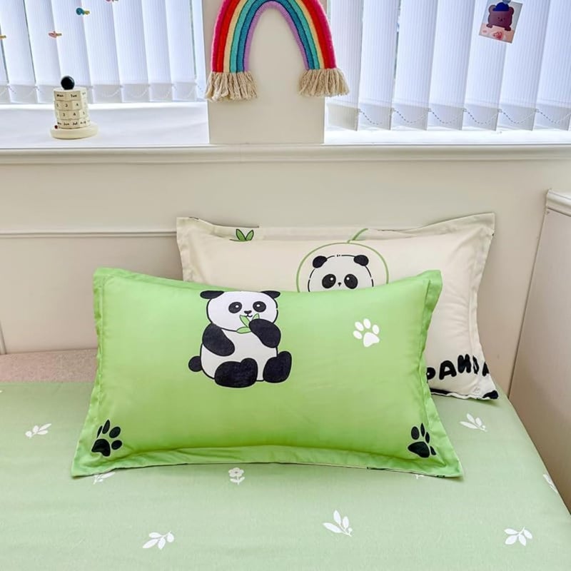 Famyo 4pc Bedding Set Without Comforter Cute King Size 250 TC Fitted Bedsheet Pillow Covers Set of 2 ComforterDuvet Cover for Kids Bedroom Green Panda - Image 3