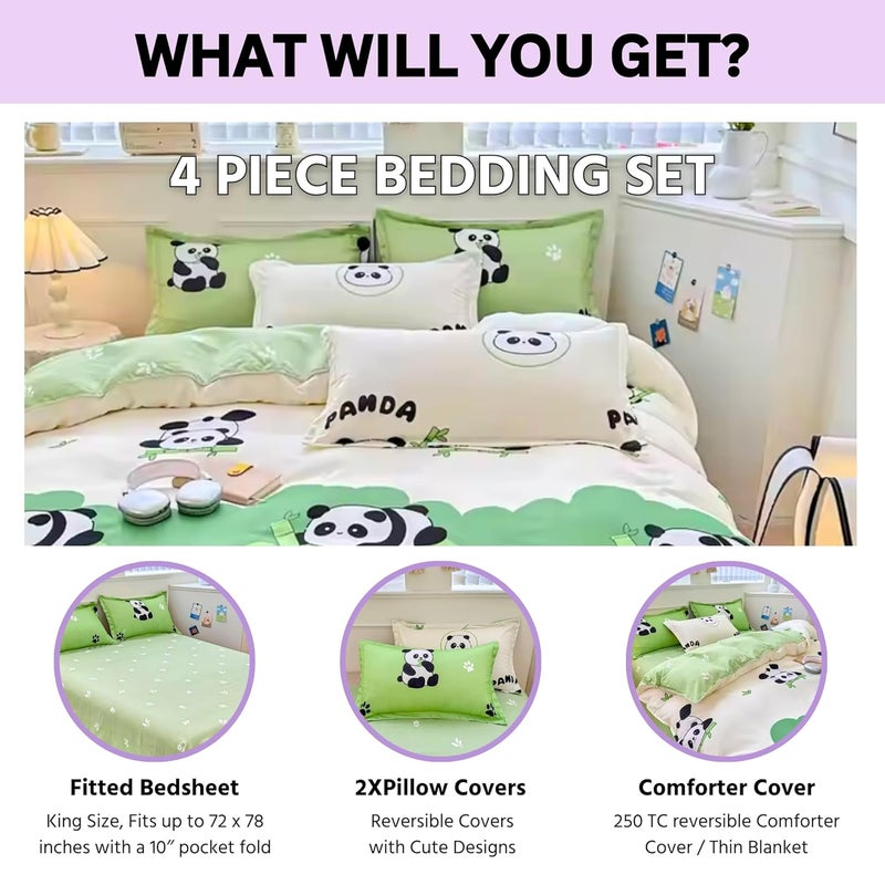 Famyo 4pc Bedding Set Without Comforter Cute King Size 250 TC Fitted Bedsheet Pillow Covers Set of 2 ComforterDuvet Cover for Kids Bedroom Green Panda - Image 2