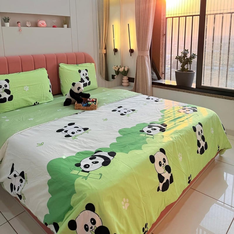 Famyo 4pc Bedding Set Without Comforter Cute King Size 250 TC Fitted Bedsheet Pillow Covers Set of 2 ComforterDuvet Cover for Kids Bedroom Green Panda - Image 4