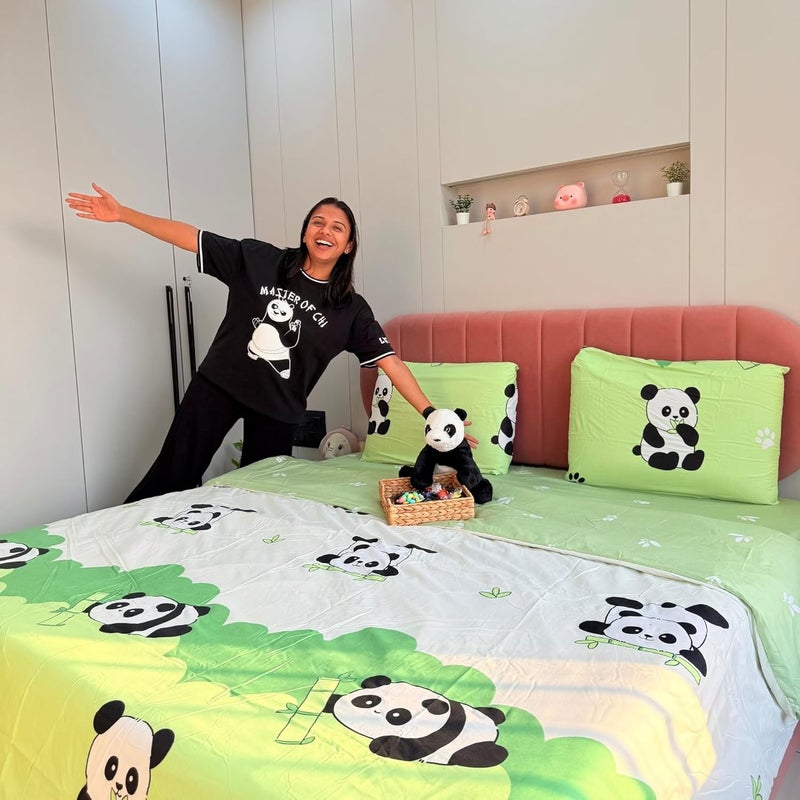 Famyo 4pc Bedding Set Without Comforter Cute King Size 250 TC Fitted Bedsheet Pillow Covers Set of 2 ComforterDuvet Cover for Kids Bedroom Green Panda - Image 5