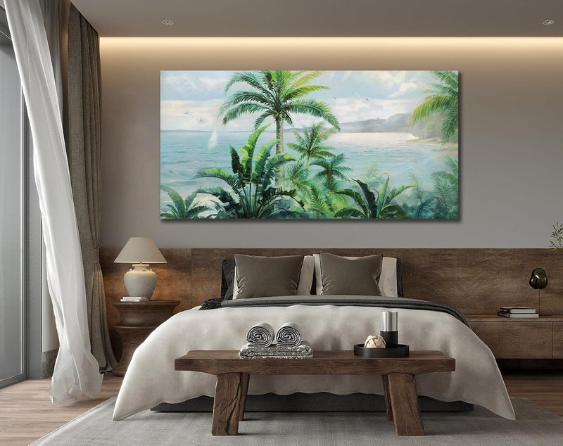 Anolyfi Nature Landscape Wall Art Coastal Seascape Canvas Painting Palm Tree Picture, Modern Ocean Beach Print Artwork Framed for Living Room Bedroom Bathroom Kitchen Office Home Decor Large 40"x20" - Image 5