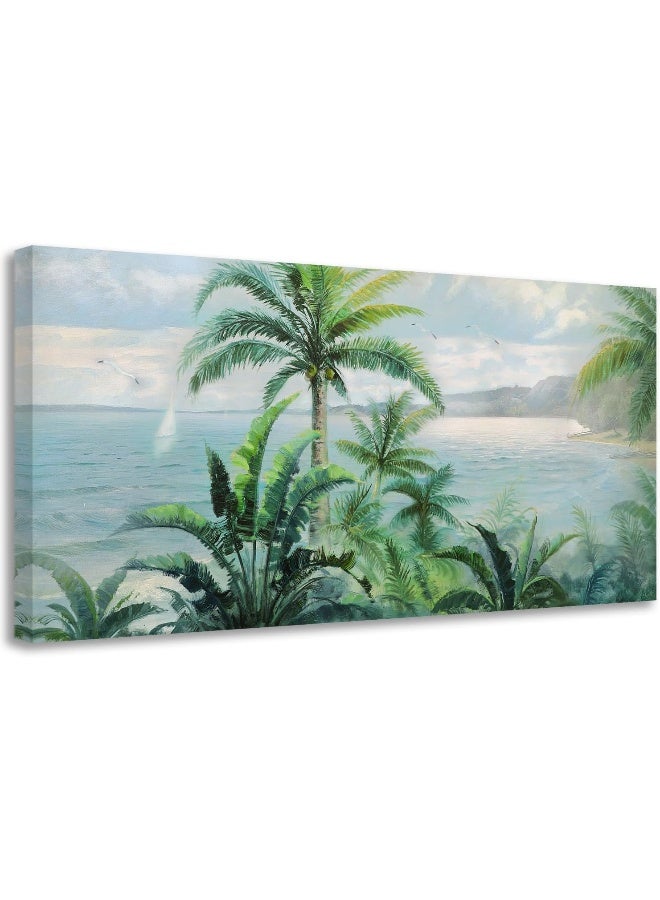 Anolyfi Nature Landscape Wall Art Coastal Seascape Canvas Painting Palm Tree Picture, Modern Ocean Beach Print Artwork Framed for Living Room Bedroom Bathroom Kitchen Office Home Decor Large 40"x20" - Image 1