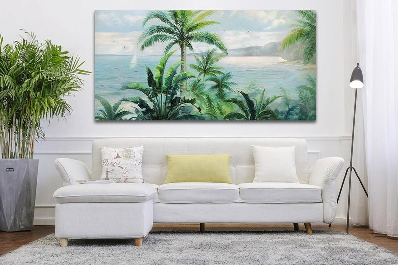 Anolyfi Nature Landscape Wall Art Coastal Seascape Canvas Painting Palm Tree Picture, Modern Ocean Beach Print Artwork Framed for Living Room Bedroom Bathroom Kitchen Office Home Decor Large 40"x20" - Image 4