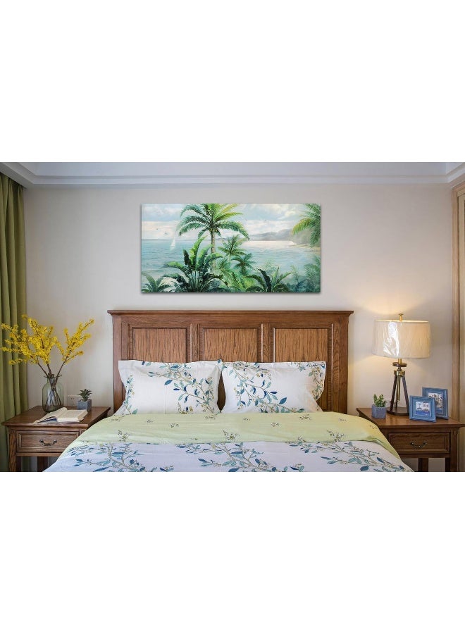 Anolyfi Nature Landscape Wall Art Coastal Seascape Canvas Painting Palm Tree Picture, Modern Ocean Beach Print Artwork Framed for Living Room Bedroom Bathroom Kitchen Office Home Decor Large 40"x20" - Image 3
