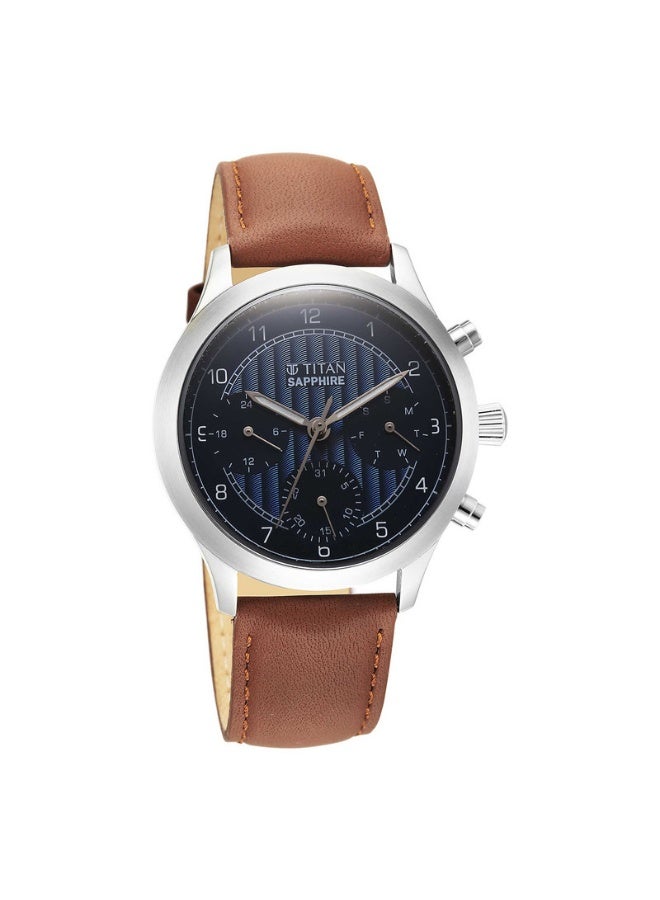 TITAN ساعة يد للرجال 1874SL06 – قرص مزخرف أزرق، حزام جلد بني، كريستال ياقوتي، متعدد الوظائف كوارتز - Image 1