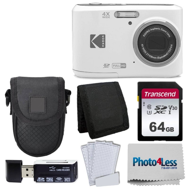 Photo4Less Kodak PIXPRO FZ45 Digital Camera + Black Point & Shoot Camera Case + Transcend 64GB SD Memory Card + Tri-fold Memory Card Wallet + Hi-Speed SD USB Card Reader + More! (White) - Image 1
