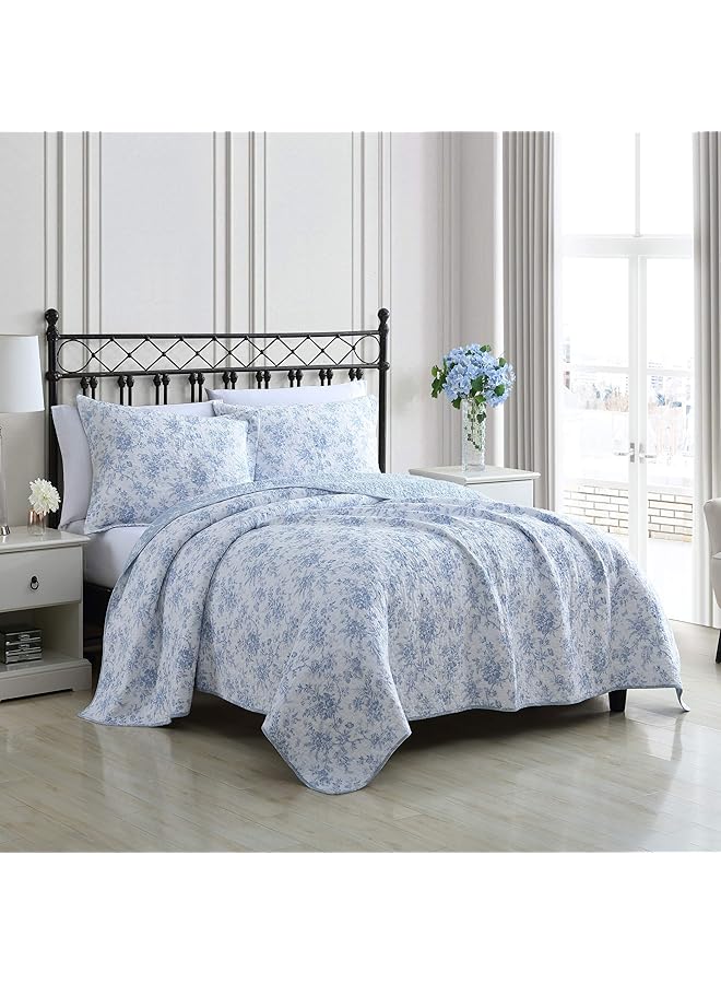 LAURA ASHLEY Home Queen Quilt Set Reversible Floral Cotton Bedding With Matching Shams Home Decor For All Seasons Walled Garden Blue Queen - Image 3