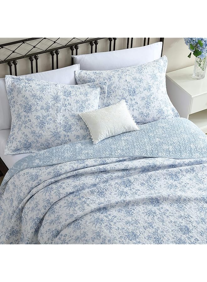 LAURA ASHLEY Home Queen Quilt Set Reversible Floral Cotton Bedding With Matching Shams Home Decor For All Seasons Walled Garden Blue Queen - Image 4
