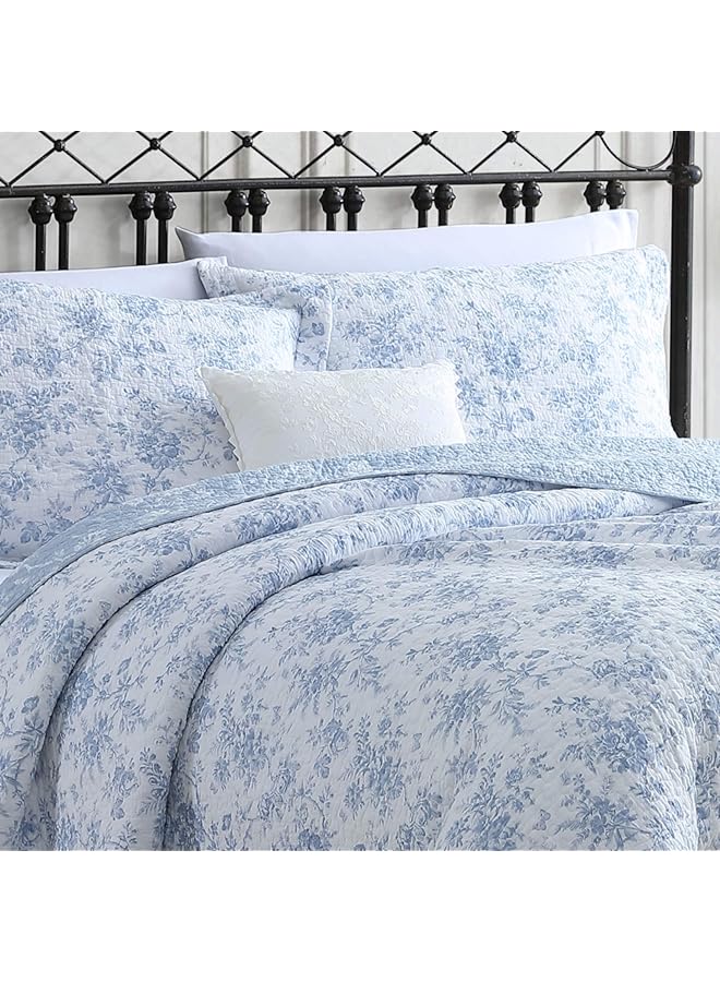 LAURA ASHLEY Home Queen Quilt Set Reversible Floral Cotton Bedding With Matching Shams Home Decor For All Seasons Walled Garden Blue Queen - Image 5