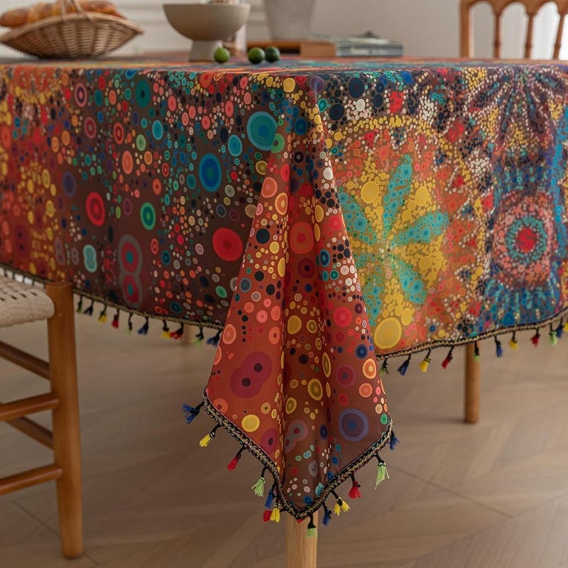 Erbnaryx Boho Tablecloth for Square Tables,Fringed Edges with Geometric Pattern Tablecloths,Farmhouse Floral Table Cover Cloth Decorative for Kitchen Dining Room,59"x 59" - Image 1
