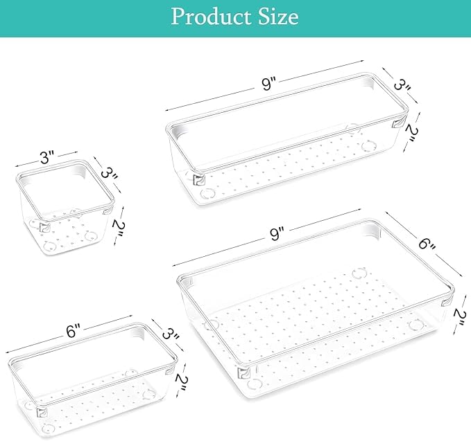 Kaito Clear Plastic Drawer Organizer Trays Storage Bins for Bathroom Vanity Kitchen Office Set of 4 - Image 2