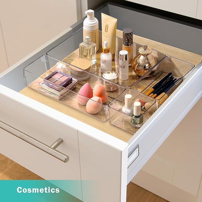 Kaito Clear Plastic Drawer Organizer Trays Storage Bins for Bathroom Vanity Kitchen Office Set of 4 - Image 5