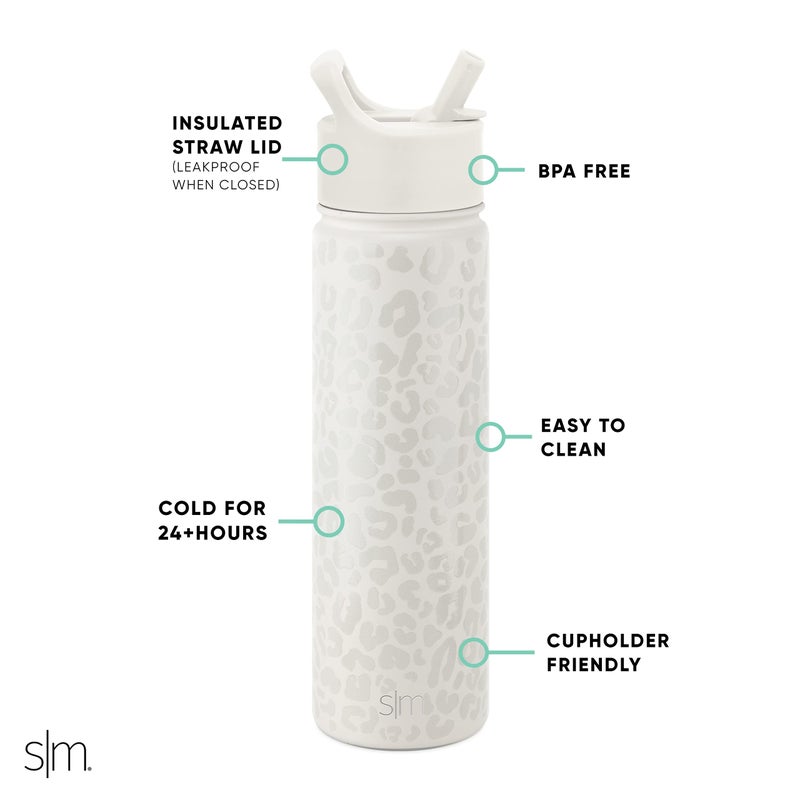 Simple Modern Leopard Water Bottle with Straw Lid Vacuum Insulated Stainless Steel Metal Cup Bottles | Reusable Leak Proof BPA-Free Flask for Sports | Summit Collection | 22oz, Cream Leopard - Image 2