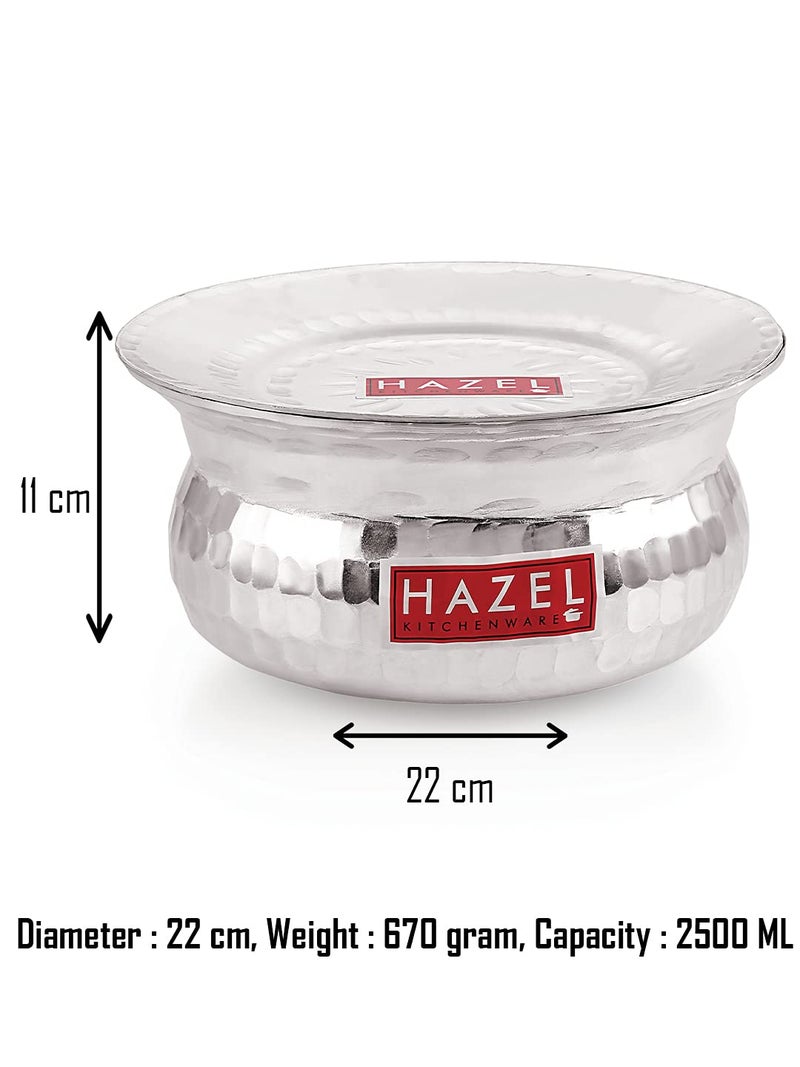 HAZEL Aluminium Hammered Finish Handi with Lid Biryani Rice Cooking Pot GOL Patiya Tope Patila Vessel, 22 cm, 2500 ML Silver - Image 4