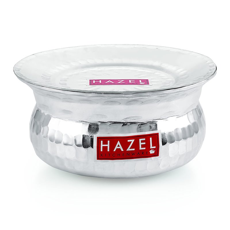 HAZEL Aluminium Hammered Finish Handi with Lid Biryani Rice Cooking Pot GOL Patiya Tope Patila Vessel, 22 cm, 2500 ML Silver - Image 5