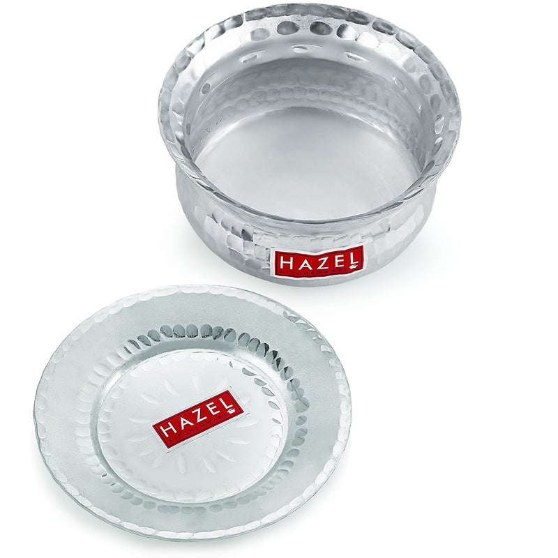 HAZEL Aluminium Hammered Finish Handi with Lid Biryani Rice Cooking Pot GOL Patiya Tope Patila Vessel, 22 cm, 2500 ML Silver - Image 2