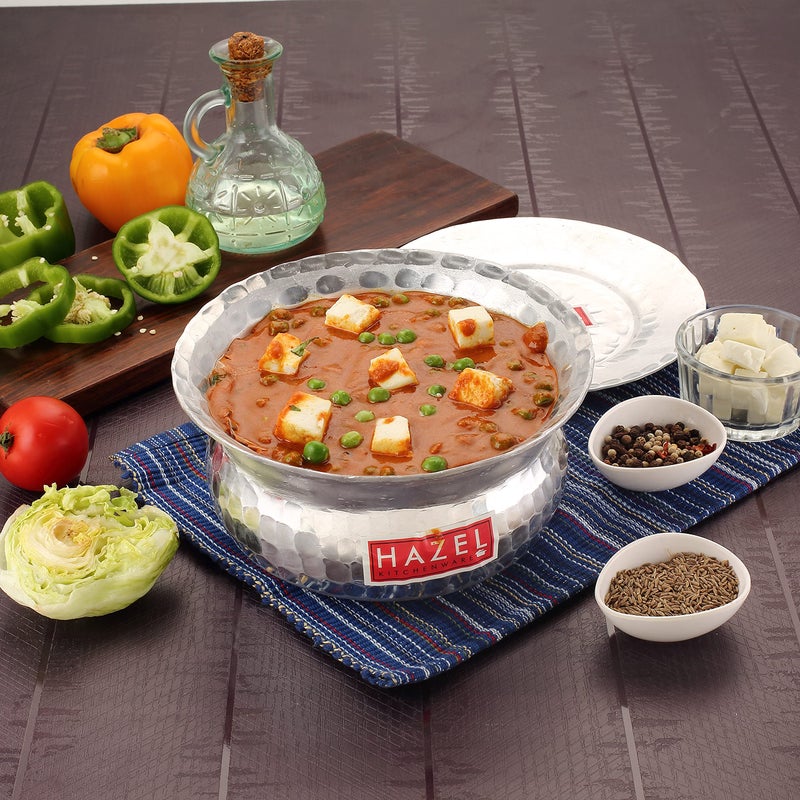 HAZEL Aluminium Hammered Finish Handi with Lid Biryani Rice Cooking Pot GOL Patiya Tope Patila Vessel, 22 cm, 2500 ML Silver - Image 1