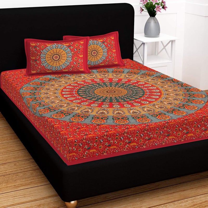 WESTLYN 180 TC Mirchi Cotton Floral Printed Jaipuri Bedsheet for Double Bed King Size with 2 Pillow Covers - Image 1