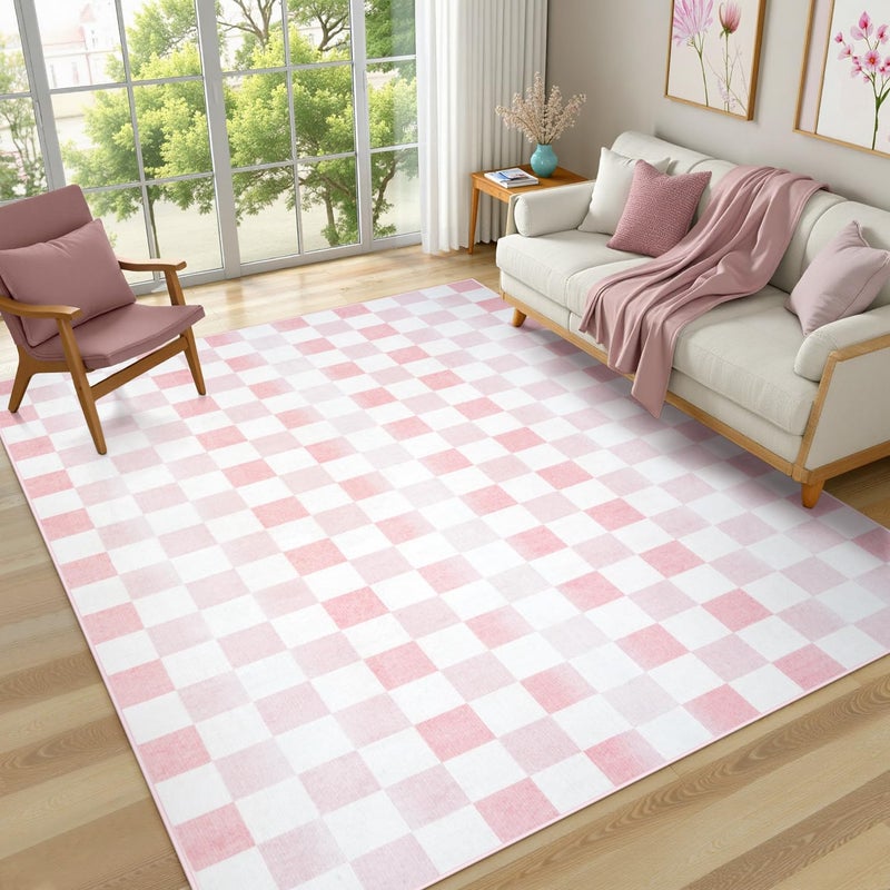 Seavish Ombre Checkered Rug, 8x10 Washable Pink Rugs for Living Room, Low Pile Soft Nursery Rug Non-Slip Modern Neutral Checkerboard Area Rug for Girls' Bedroom Playroom Dining Room - Image 2