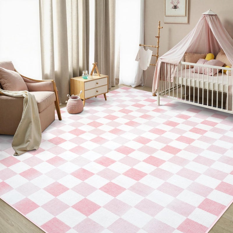 Seavish Ombre Checkered Rug, 8x10 Washable Pink Rugs for Living Room, Low Pile Soft Nursery Rug Non-Slip Modern Neutral Checkerboard Area Rug for Girls' Bedroom Playroom Dining Room - Image 1