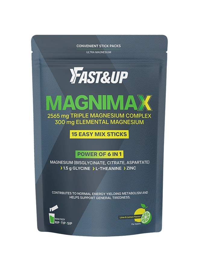 Fast&Up Magnimax with Chelated Magnesium Bisglycinate, Citrate & Aspartate + Glycine + Theanine + Zinc | Energy Metabolism & Tiredness Support | Pouch of 15 sticks | Lime & Lemon flavour - Image 1