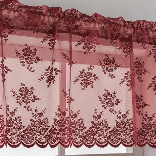 Kotile Burgundy Lace Valance for Windows 1 Panel Country Rustic Floral Knitted Sheer Valance Curtain for Windows Over Sink Rod Pocket Privacy Light Filtering Short Curtain 18 Inch Length 52 x 18 in - Image 1