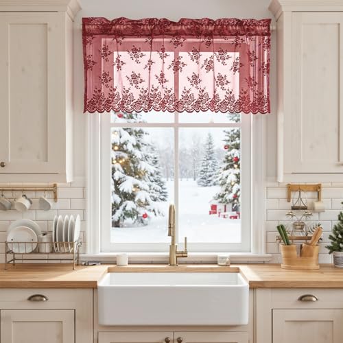 Kotile Burgundy Lace Valance for Windows 1 Panel Country Rustic Floral Knitted Sheer Valance Curtain for Windows Over Sink Rod Pocket Privacy Light Filtering Short Curtain 18 Inch Length 52 x 18 in - Image 3
