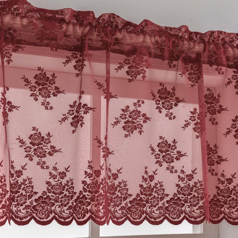Kotile Burgundy Lace Valance for Windows 1 Panel Country Rustic Floral Knitted Sheer Valance Curtain for Windows Over Sink Rod Pocket Privacy Light Filtering Short Curtain 18 Inch Length 52 x 18 in - Image 2
