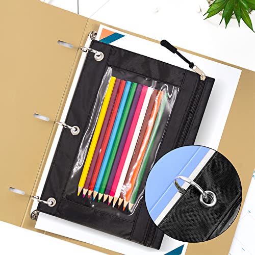 DoDoMagxanadu Binder Pencil Pouches, Pencil Pouch 3 Ring with Zipper Pulls, Clear Window Pencil Case with Rivet Enforced 3 Ring, Black 5 Pack - Image 2